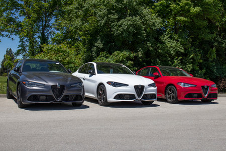 Indianapolis - Circa May 2020: Alfa Romeo car dealership. Alfa Romeo is a division of Fiat Chrysler Italy.のeditorial素材