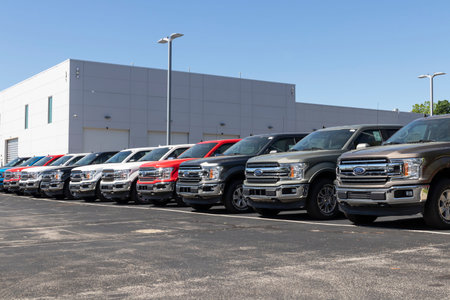 Indianapolis - Circa May 2020: Ford F150 display at a dealership. Ford sells products under the Lincoln and Motorcraft brands.のeditorial素材