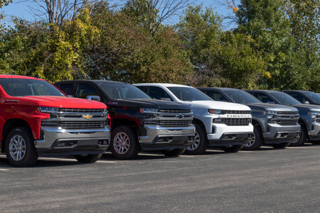 Plainfield - Circa September 2020: Chevrolet Silverado pickup trucks on display at a dealership. Chevy is a Division of General Motors.のeditorial素材