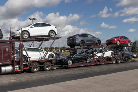 Indianapolis - Circa September 2020: Tesla electric vehicles awaiting preparation for sale. Tesla EV...