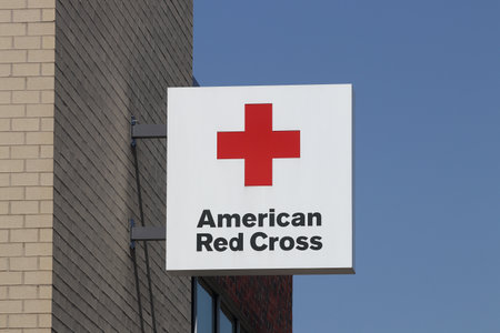 Indianapolis - Circa October 2020: American Red Cross sign. The American National Red Cross provides emergency assistance and disaster relief.のeditorial素材