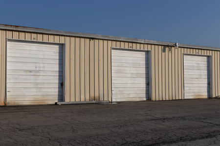 Self storage and mini storage garage units deserted, cold, and abandoned.