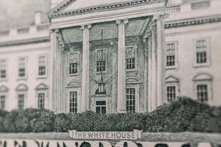 Twenty dollar bill reverse with a close-up of the White House in green ink.の写真素材