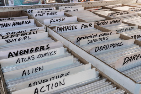 Noblesville - Circa January 2021: Comic book display in a shop, including Avengers, Deadpool and the Fantastic Four issues.のeditorial素材