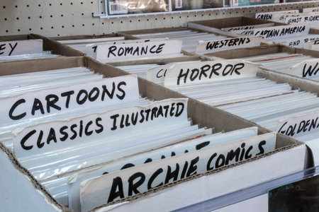 Noblesville - Circa January 2021: Comic book display in a shop, including classic cartoon, Archie and Captain America issues.のeditorial素材