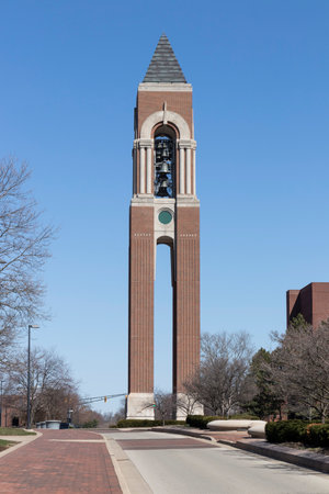 Muncie - Circa March 2021: Shafer Tower on the campus of Ball State University. Shafer Tower is 150 feet tall with a carillon and chiming clock.のeditorial素材