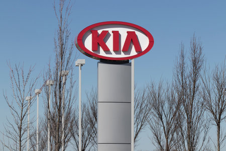 Muncie - Circa March 2021: Kia Motors Local Car Dealership. Kia Motors is minority owned by the Hyundai Motor Company.のeditorial素材