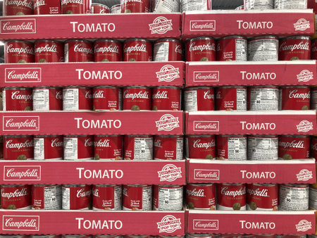 Indianapolis - Circa May 2021: Campbell's Tomato Soup display. With a grilled cheese sandwich, Campbell's Tomato Soup is the ultimate comfort food.のeditorial素材