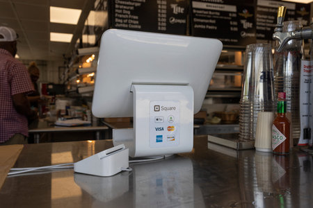 Indianapolis - Circa May 2021: Mobile credit methods including Square, Apple Pay, Android Pay, Visa,...