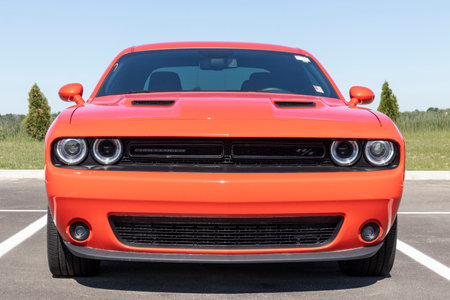 Tipton - Circa May 2021: Dodge Challenger display at a Chrysler dealership. The Stellantis subsidiaries of FCA are Chrysler, Dodge, Jeep, and Ram.のeditorial素材