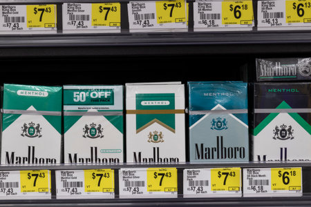 Indianapolis - Circa June 2021: Marlboro Menthol cigarettes. The FDA is considering a ban on menthol cigarettes as makers such as Altria and Philip Morris are accused of marketing to Black communities.のeditorial素材