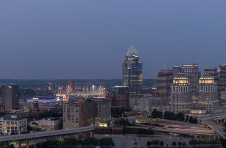 Cincinnati - Circa July 2021: Cincinnati downtown skyline including the Great American Tower and Ballpark, First Financial Center, Procter & Gamble headquarters and Heritage Bank Center.のeditorial素材