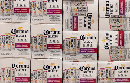 Indianapolis - Circa August 2021: Corona Hard Seltzer display. Corona Hard Seltzer is gluten-free and is a low calorie alcohol sparkling water beverage.のeditorial素材