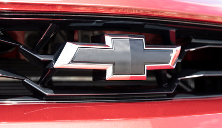 Indianapolis - Circa August 2021: Chevrolet Camaro Bowtie Emblem at a Chevy Dealership. Chevrolet is a Division of General Motors.のeditorial素材