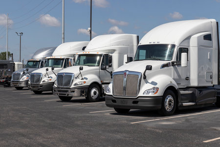 Indianapolis - Circa September 2021: Navistar International Semi Tractor Trailer Trucks lined up for Sale.のeditorial素材