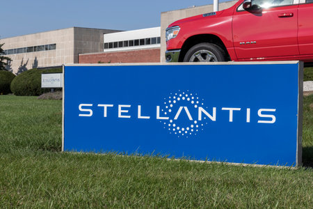 Kokomo - Circa September 2021: Stellantis logo at the transmission factory. The Stellantis subsidiaries of FCA are Chrysler, Dodge, Jeep, and Ram.のeditorial素材