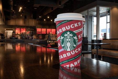 Indianapolis - Circa December 2021: Starbucks holiday themed coffee cup. Each year, Starbucks celebrates Fall with Pumpkin Spice Lattes and Winter with Christmas-colored drinks.のeditorial素材