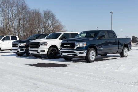 Kokomo - Circa January 2022: Ram 1500 display at a Chrysler Ram dealership. The Stellantis...