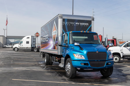 Indianapolis - Circa March 2022: Navistar International eMV Electric series Semi Tractor Trailer...