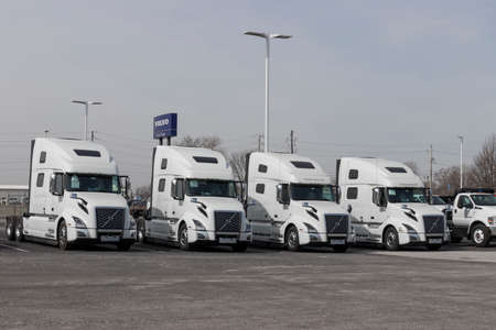 Indianapolis - Circa March 2022: Volvo Semi Tractor Trailer Truck display at a dealership. Volvo Trucks is one of the largest truck manufacturers.のeditorial素材