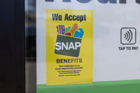 Richmond - Circa April 2022: SNAP and EBT Accepted here sign. SNAP and Food Stamps provide nutrition...