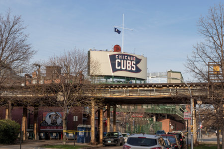 Chicago - Circa April 2022: Chicago Cubs center field marquee on the northwest corner of Wrigley field. Wrigley Field has been home to the Cubs since 1916.のeditorial素材