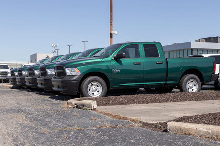 Indianapolis - Circa June 2022: Ram 1500 display at a Stellantis dealership. Ram offers the 1500 in...