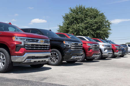 Tipton - Circa July 2022: Chevrolet Silverado display. Chevy offers the Silverado in WT, Custom, Trail Boss, LT, RST, and High Country models.のeditorial素材