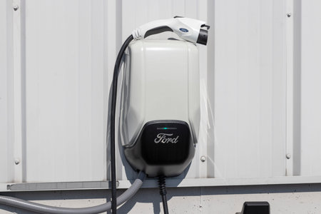 Harrison - Circa July 2022: Ford Electric charging station for the Mustang Mach-E, Fusion Plug-In...