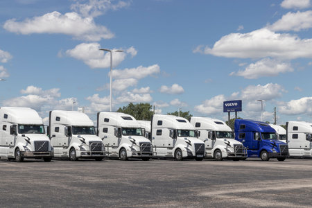 Indianapolis - Circa July 2022: Volvo Semi Tractor Trailer Big Rig Truck display at a dealership. Volvo Trucks is one of the largest truck manufacturers.のeditorial素材