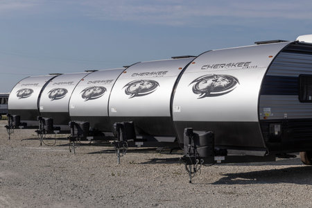 Bunker Hill - Circa August 2022: Cherokee Travel Trailer Fifth Wheel display. Cherokee RV is a...