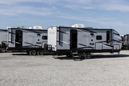 Bunker Hill - Circa August 2022: Cherokee Alpha Wolf Travel Trailer Fifth Wheel display. Cherokee RV...