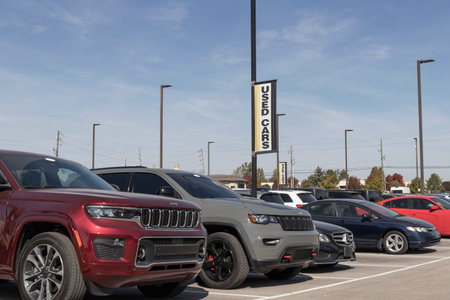 Indianapolis - Circa October 2022: Used car display at a dealership. With supply issues, used and preowned cars are in high demand.のeditorial素材