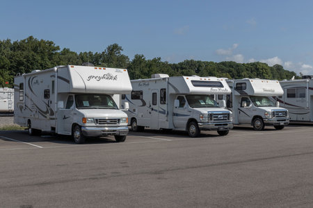 Peru - Circa August 2022: Various RV Motorhomes on display at a dealership. Owning a motorhome is a...