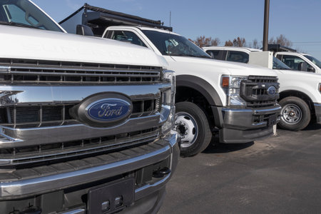 Brownsburg - Circa November 2022: Ford Super Duty F-Series truck display at a dealership. The Ford Super Duty F-Series truck is among the best-selling in the US.のeditorial素材