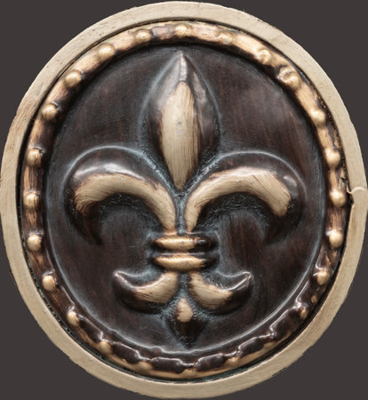 Fleur-de-lis on an oval with gold accents on a brown background.の写真素材