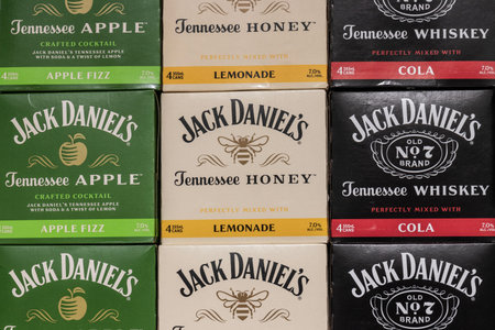 Indianapolis - Circa January 2023: Jack Daniel's Can Cocktails display. Jack Daniel's Cocktails are available in Jack & Cola, Jack & Apple Fizz, and Jack Honey & Lemonade.のeditorial素材