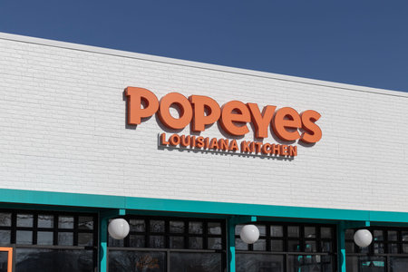 Lafayette - Circa February 2023: Popeyes Louisiana Kitchen Fast Food Restaurant. Popeyes is known...
