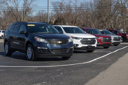 Marion - Circa February 2023: Used car display at a Chevrolet dealership. With supply issues, Chevy...