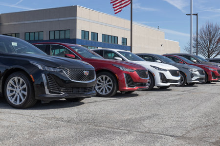 Greenwood - Circa February 2023: Cadillac car and SUV dealership. Cadillac offers a full line of gas and electric EV vehicles.のeditorial素材
