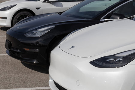 Indianapolis - Circa March 2023: Tesla EV electric vehicles on display. Tesla products include electric cars, battery energy storage, solar panels and an EV charging network.のeditorial素材