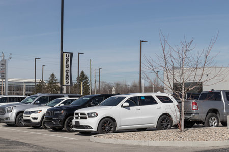 Indianapolis - Circa March 2023: Used car display at a Stellantis dealership. With supply issues,...
