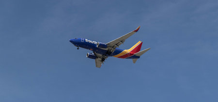 Indianapolis - Circa March 2023: Southwest Airlines Boeing 737 on approach for arrival. Southwest is the largest low-cost carrier in the world.のeditorial素材