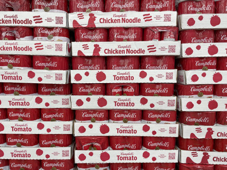 Indianapolis - Circa March 2023: Campbell's Tomato and Chicken Noodle Soup display. With a grilled cheese sandwich, Campbell's Soup is the ultimate comfort food.のeditorial素材