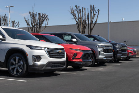 Indianapolis - Circa March 2023: Chevrolet car, truck and SUV dealership. Chevy offers models such...