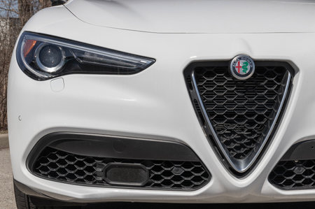 Indianapolis - Circa March 2023: Alfa Romeo Stelvio Sprint SUV display at a dealership. Alfa Romeo offers the Stelvio with a 2.0L turbo four-cylinder engine.のeditorial素材