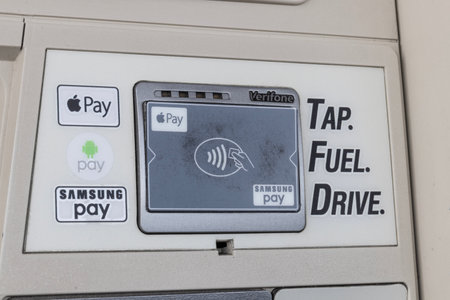 Warsaw - Circa May 2023: Verifone Contactless Tap to Pay credit payment methods Apple Pay, Samsung Pay and Google Pay.のeditorial素材