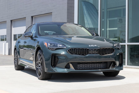 Fishers - Circa May 2023: Kia Stinger Sports Sedan display at a dealership. Kia offers the Stinger in GT2 and GT-Line models.のeditorial素材