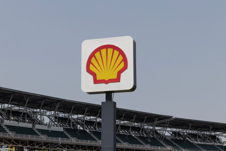 Indianapolis - Circa May 2023: Shell plc logo in the infield of Indianapolis Motor Speedway. Shell is the official fuel of IndyCar.のeditorial素材