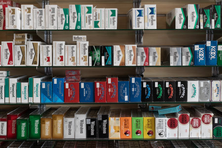 Lafayette - June 21, 2023: Cigarette display at a smoke shop. The FDA is developing standards to prohibit flavors as a characteristic in cigarettes.のeditorial素材